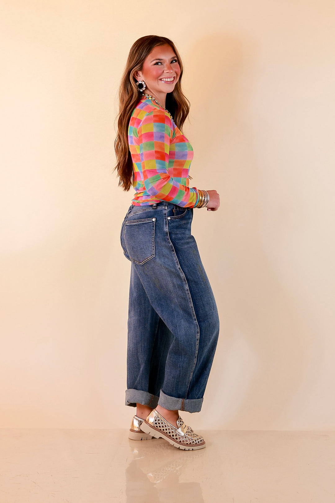The Essential Layer Watercolor Checkered Print Sheer Mesh Long Sleeve Top in Multicolor