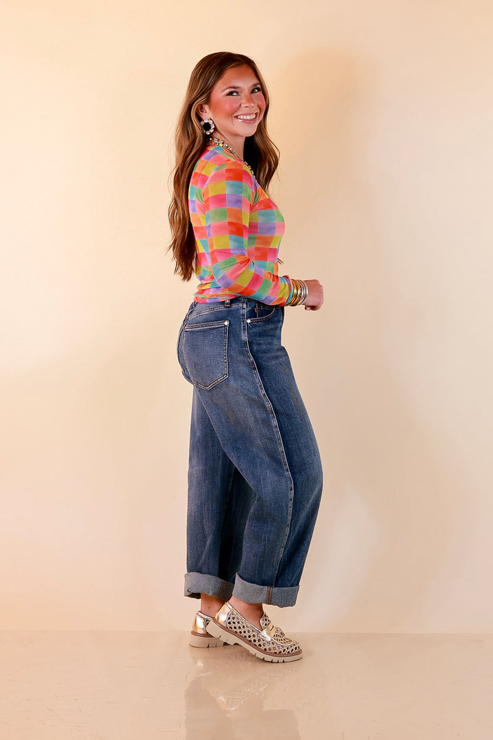 The Essential Layer Watercolor Checkered Print Sheer Mesh Long Sleeve Top in Multicolor