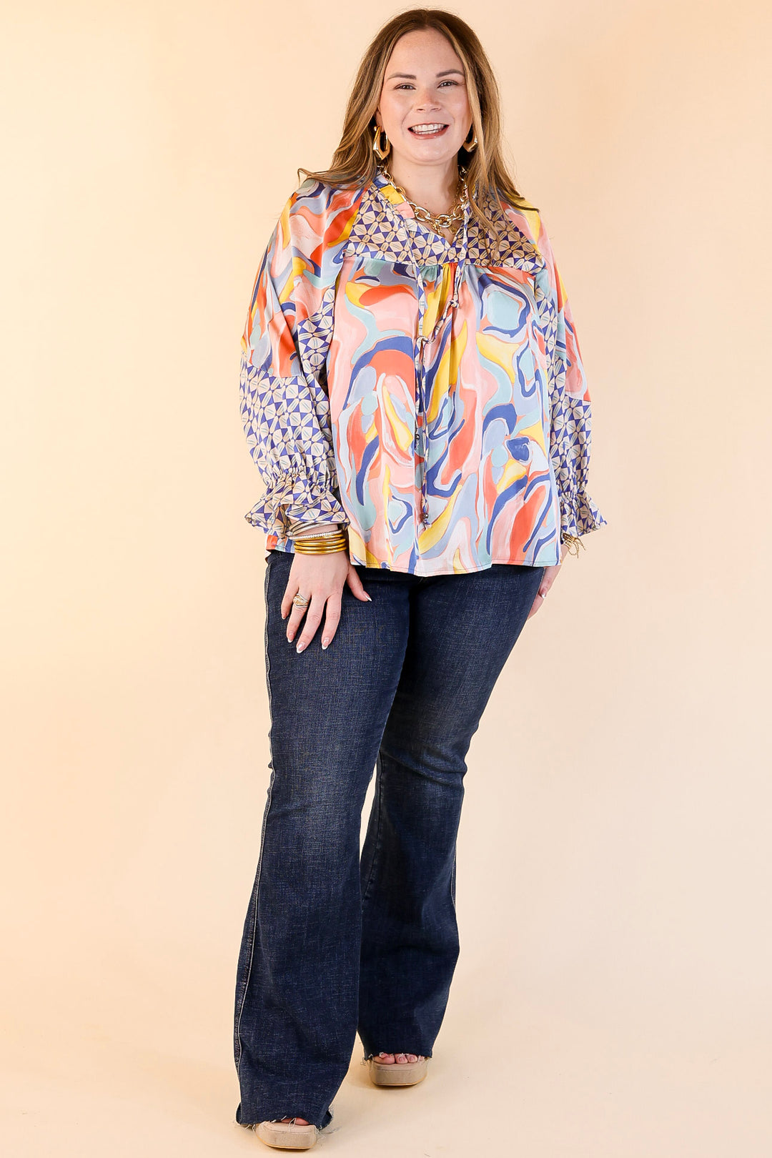 Keen On You Mix Print Blouse with Keyhole and Tie Neckline in Blue Mix