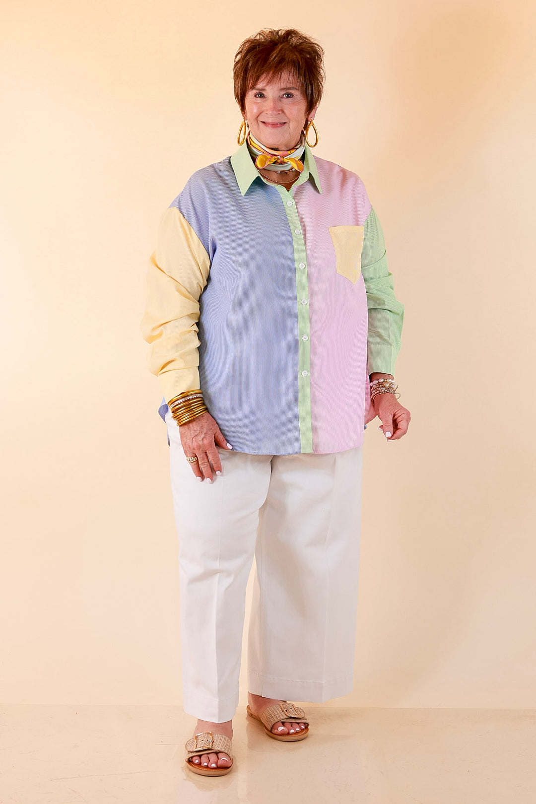 GUG Original | Sweet Harmony Long Sleeve Button Down Color Block Pinstripe Shirt in Bright Mix