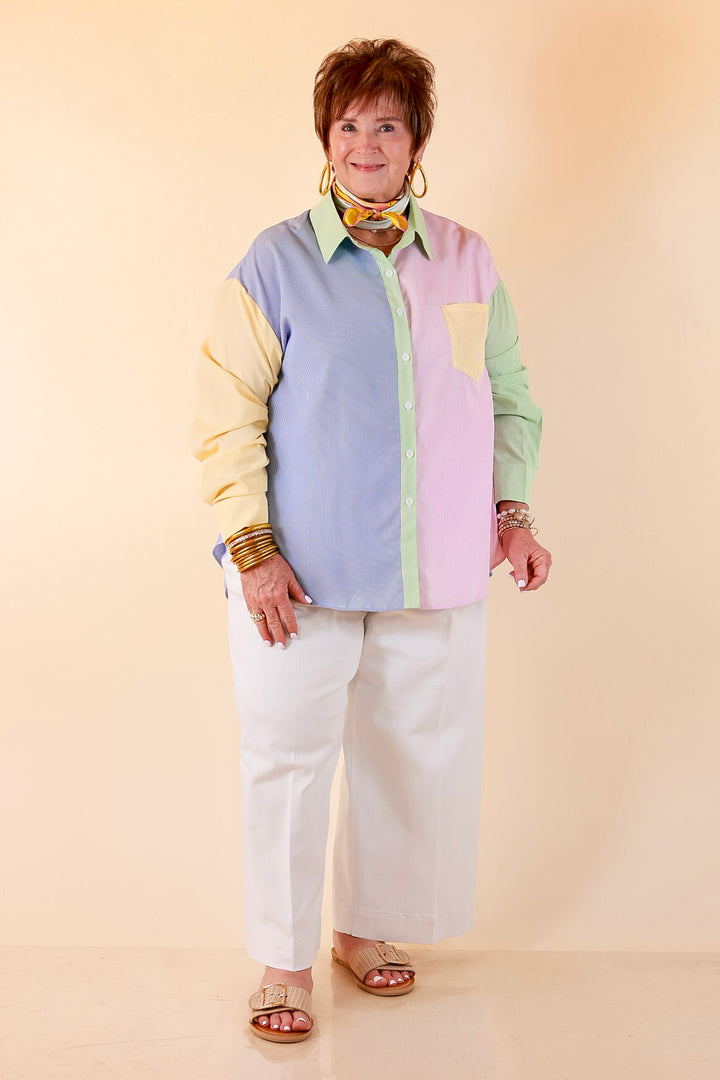 GUG Original | Sweet Harmony Long Sleeve Button Down Color Block Pinstripe Shirt in Bright Mix