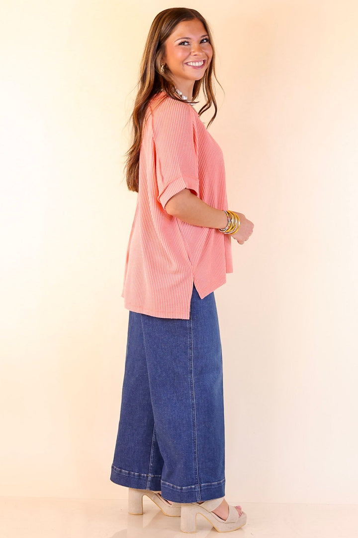 Daily Perfection Scoop Neck Short Sleeve Ribbed Top in Salmon Orange