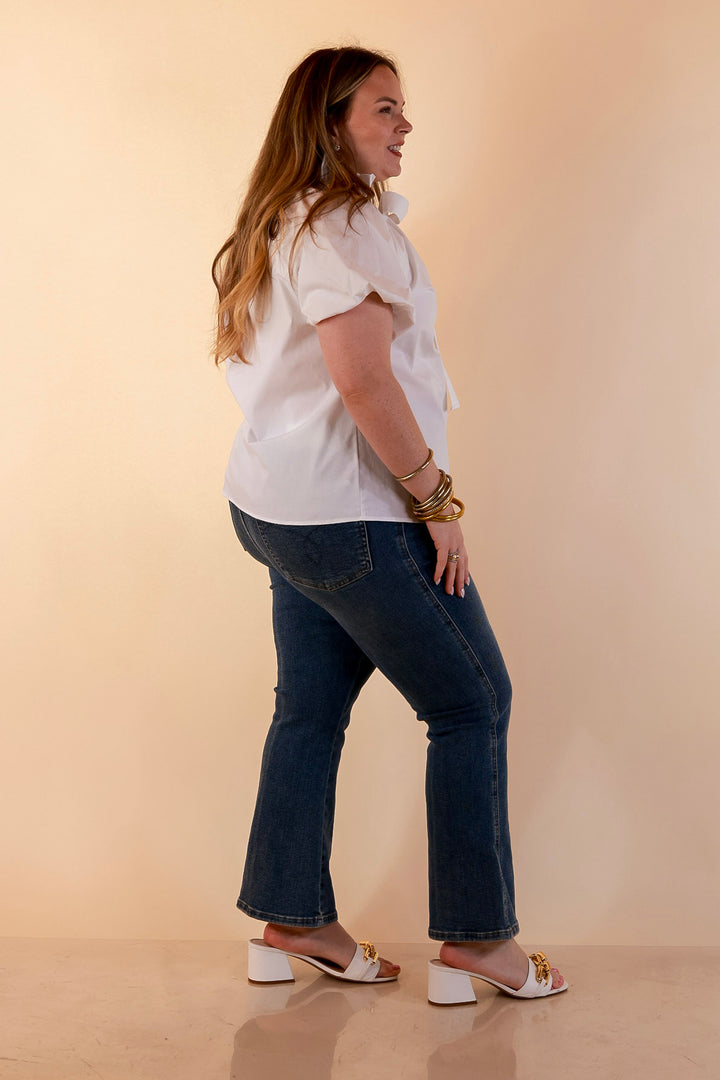 Make It Memorable Short Puff Sleeve Tie Neck Blouse with Gathered Neckline in White