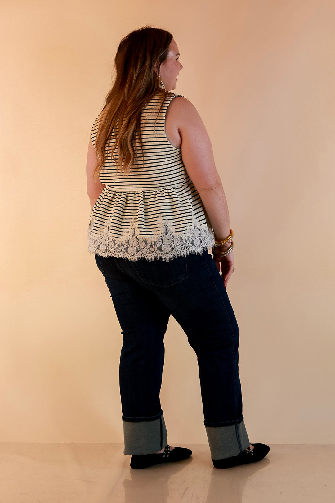Sweet on Style Striped Peplum Sleeveless Tank Top with Lace Trim Detailing in Ivory and Black