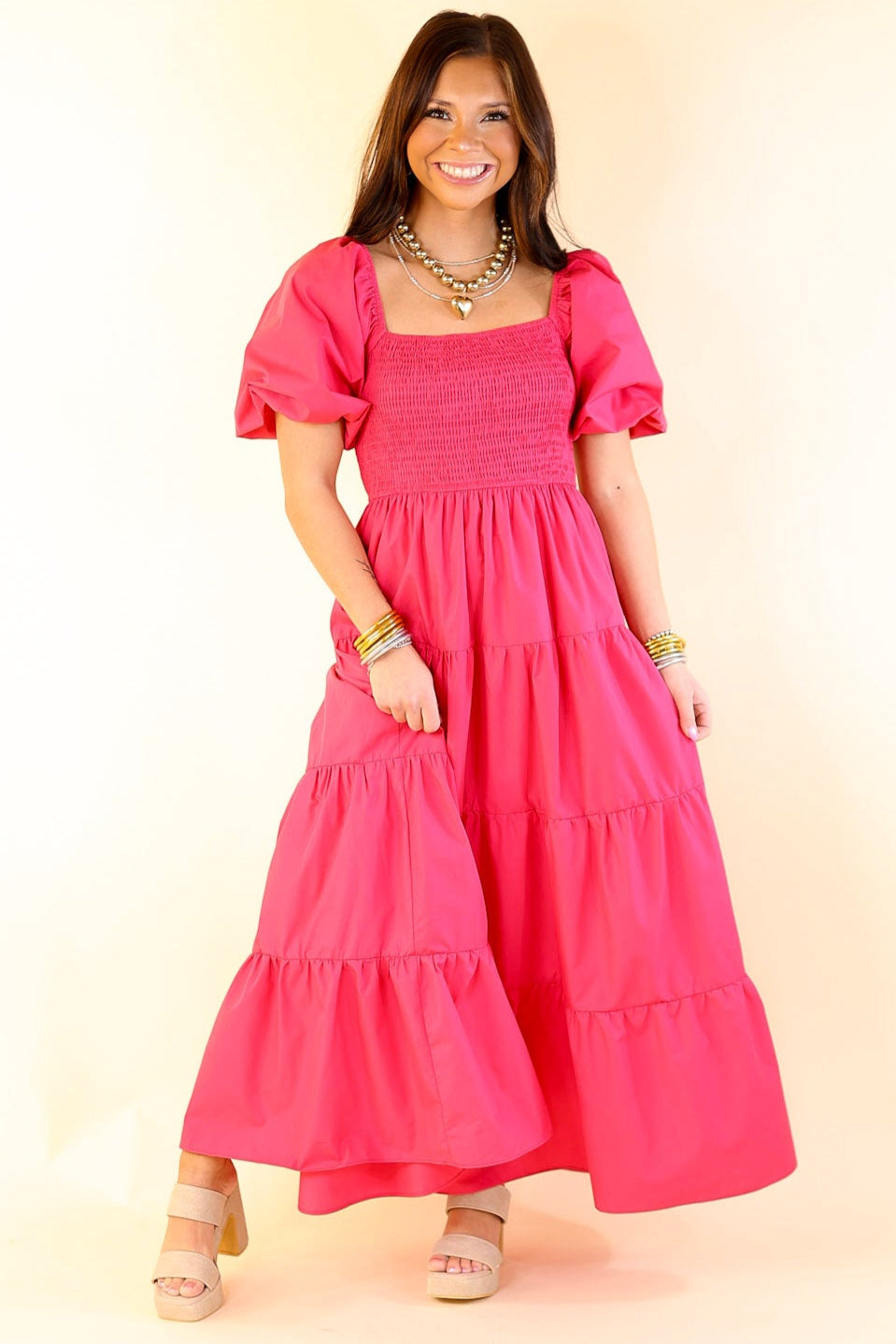 Santorini Sunshine Short Balloon Sleeve Maxi Dress in Fuchsia Pink