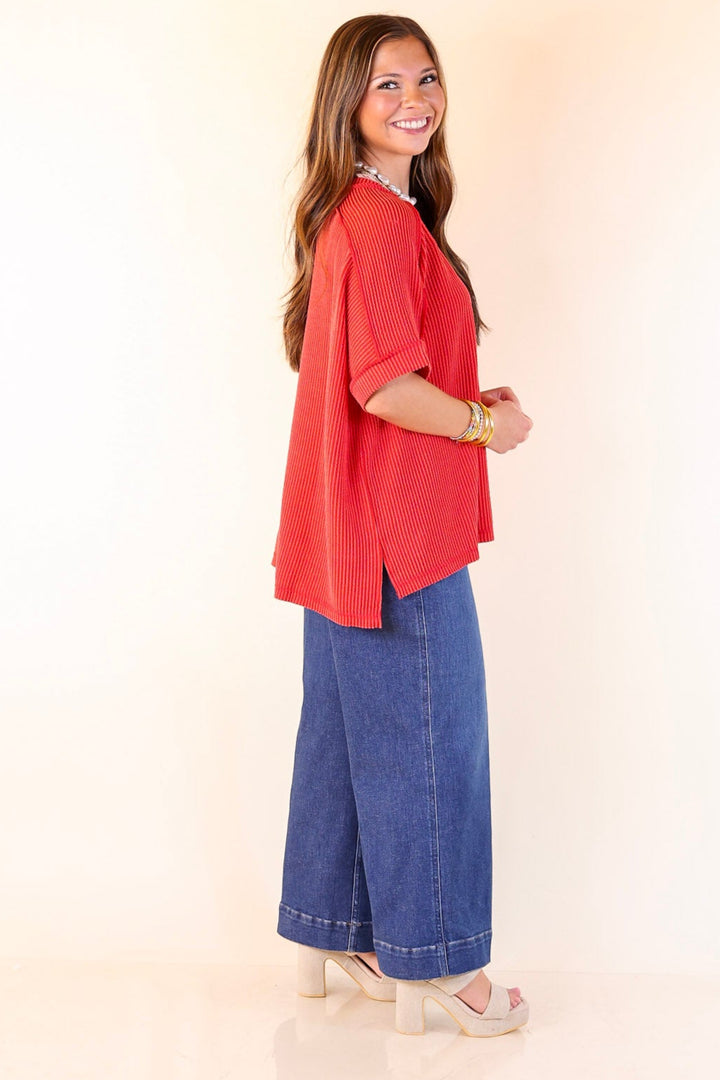 Daily Perfection Scoop Neck Short Sleeve Ribbed Top in Red