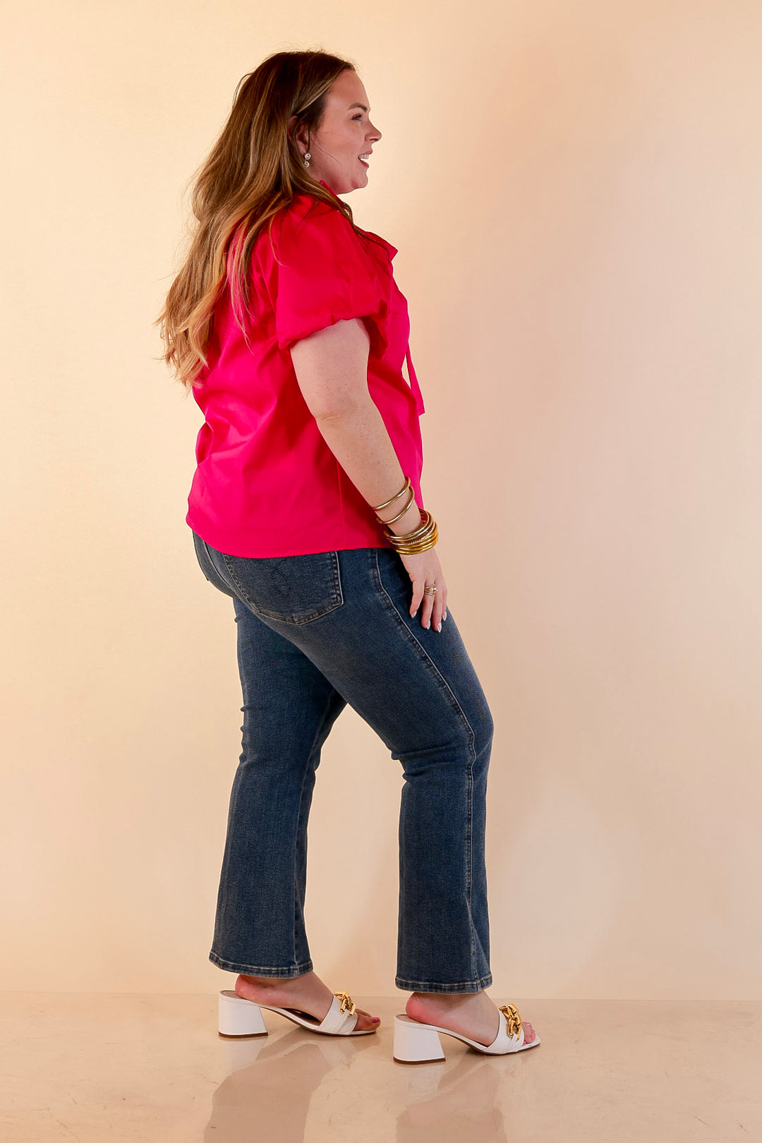 Make It Memorable Short Puff Sleeve Tie Neck Blouse with Gathered Neckline in Fuchsia Pink