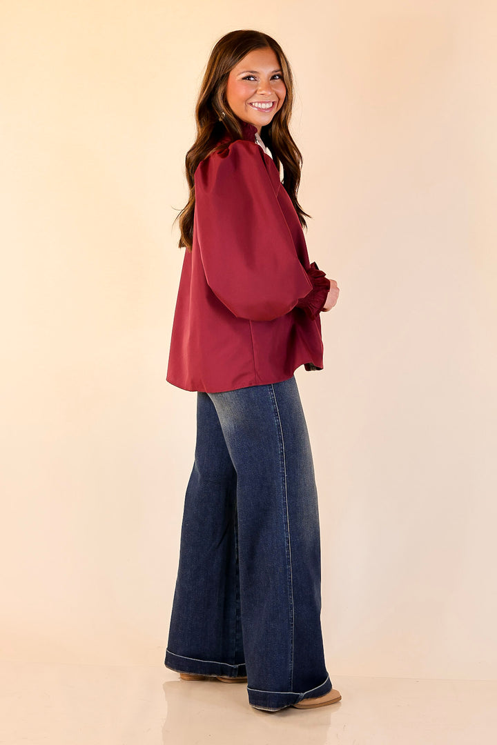 Trimmed in Style Puff Long Sleeve Blouse with Contrast Leopard Trim and Ruffle in Maroon