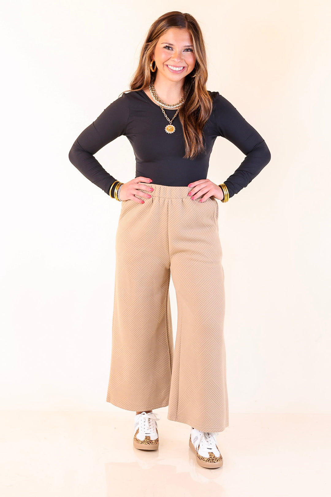 Glamour on the Go Textured Wide Leg Pant in Tan