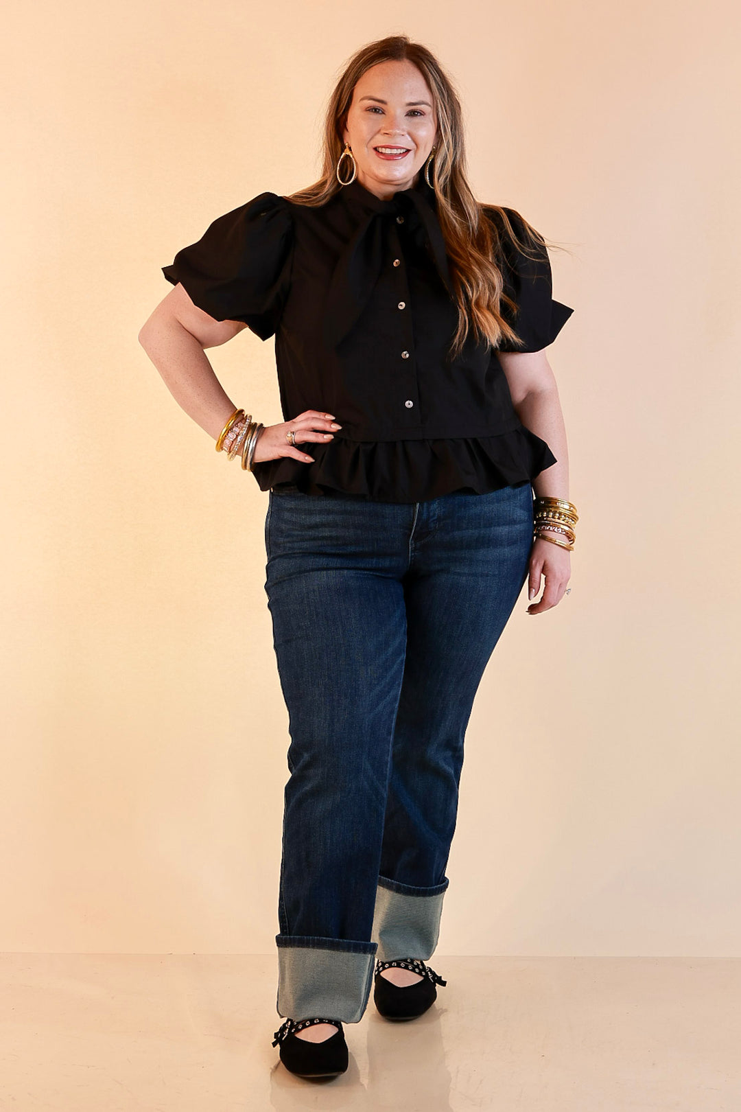 Present Company Solid Button Down Peplum Bubble Sleeve Tie Collar Top in Black