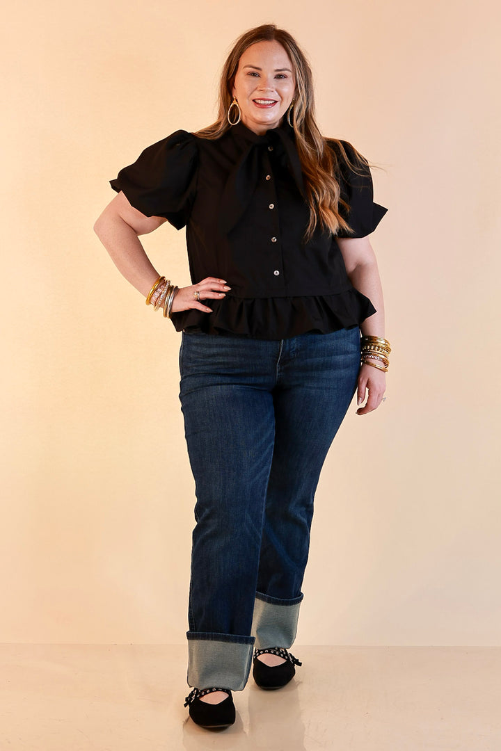 Present Company Solid Button Down Peplum Bubble Sleeve Tie Collar Top in Black