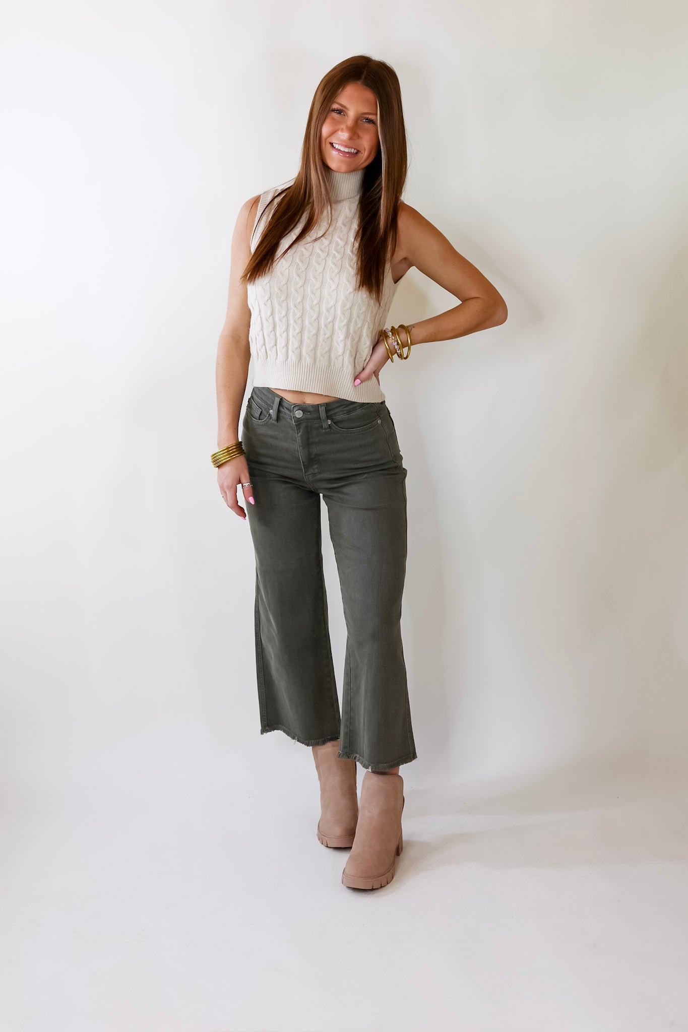 Cider Sips Cropped Sweater Tank Top with High Neck in Ivory - Giddy Up Glamour Boutique