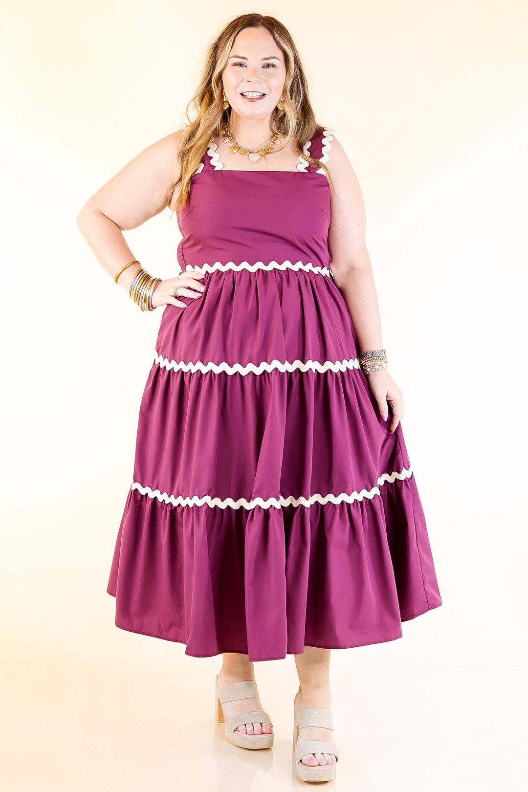 Timeless Twirl Midi Dress with Rickrack Detailing in Plum Maroon