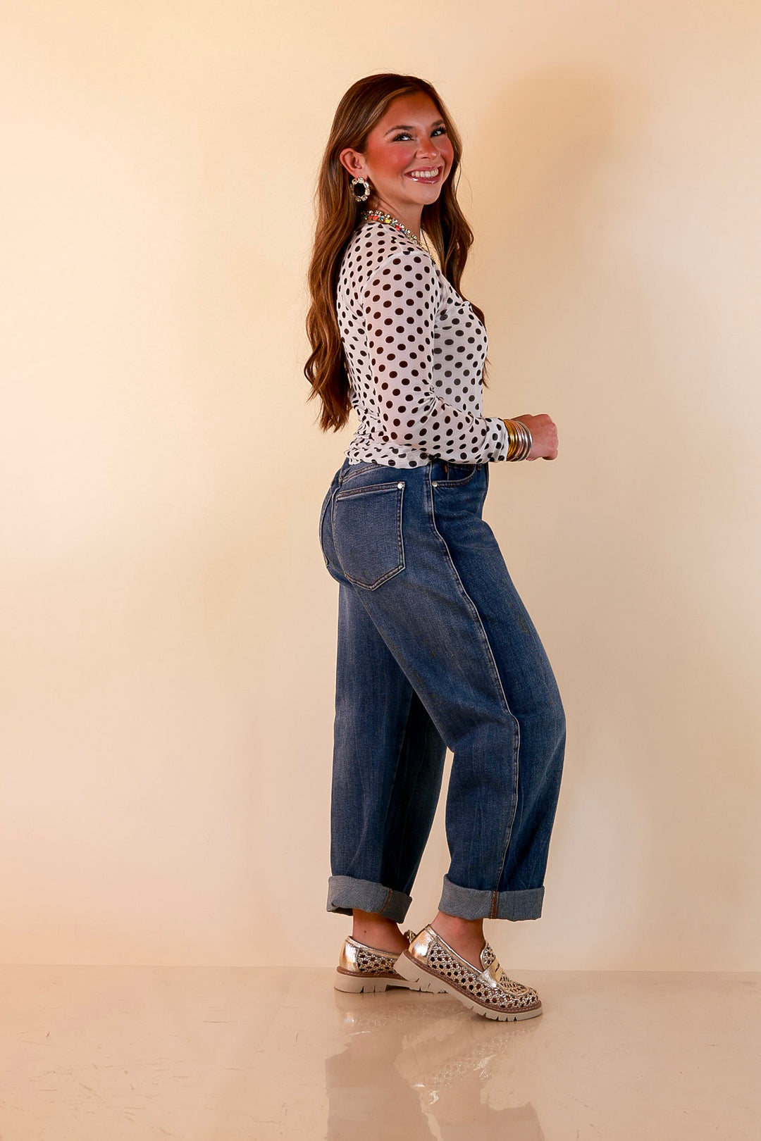 The Essential Layer Black Polka Dot Print Sheer Mesh Long Sleeve Top in White