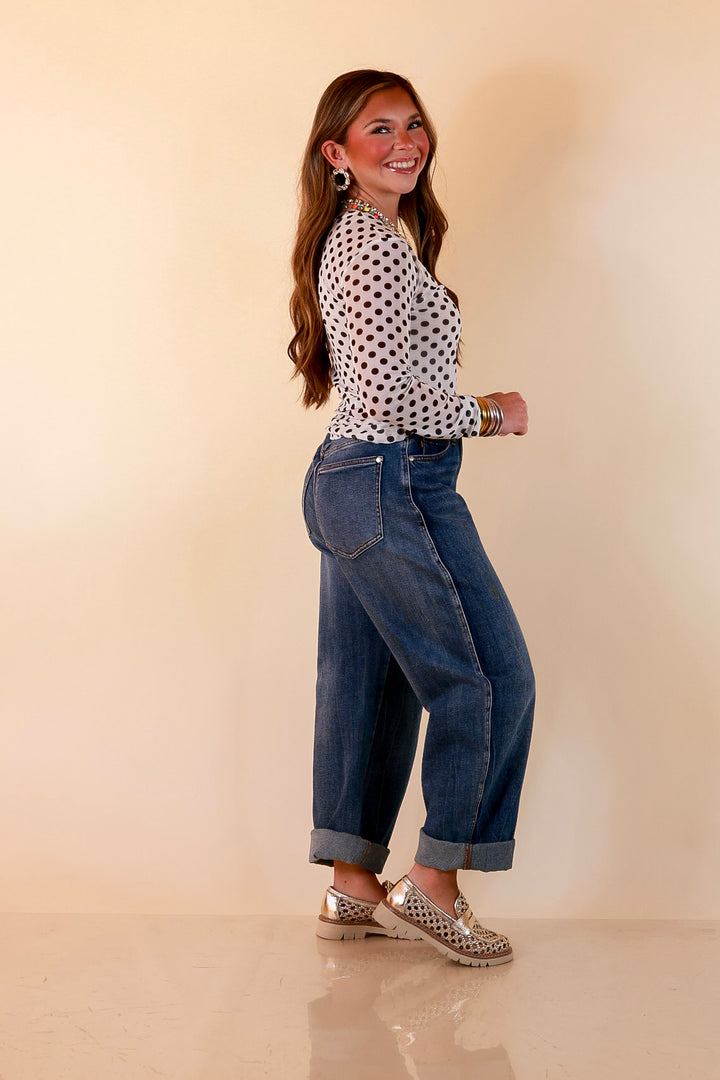 The Essential Layer Black Polka Dot Print Sheer Mesh Long Sleeve Top in White