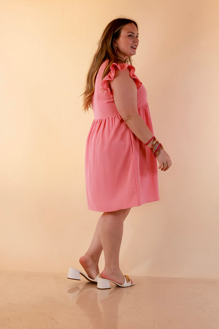 Capture Your Attention V Neck Dress with Ruffle Cap Sleeves in Bubblegum Pink