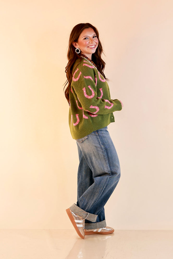 Lucky in Love Horseshoe Print Button Front Cardigan Sweater in Olive Green and Pink
