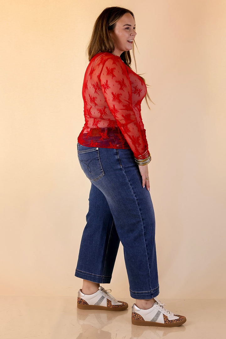 Daringly Delicate Sheer Mock Neck Long Sleeve Lace Top in Red