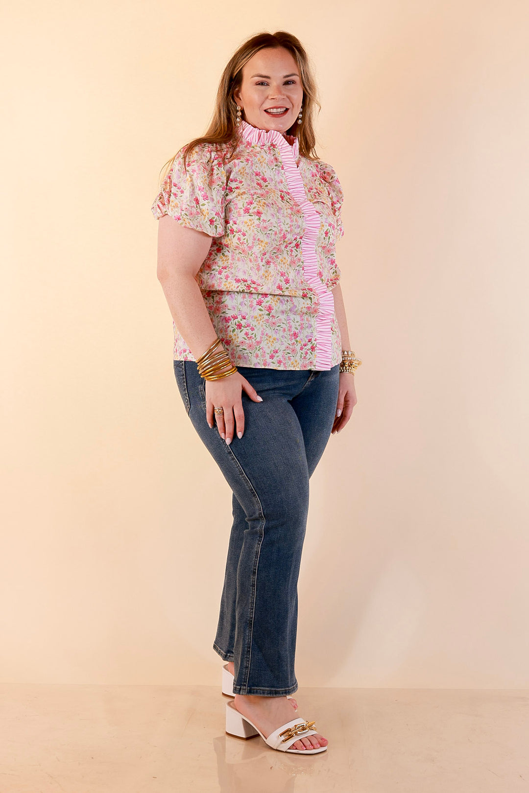 Bloom with Grace Short Puff Sleeve Ruffle Trim Button Front Floral Peplum Top in Pink