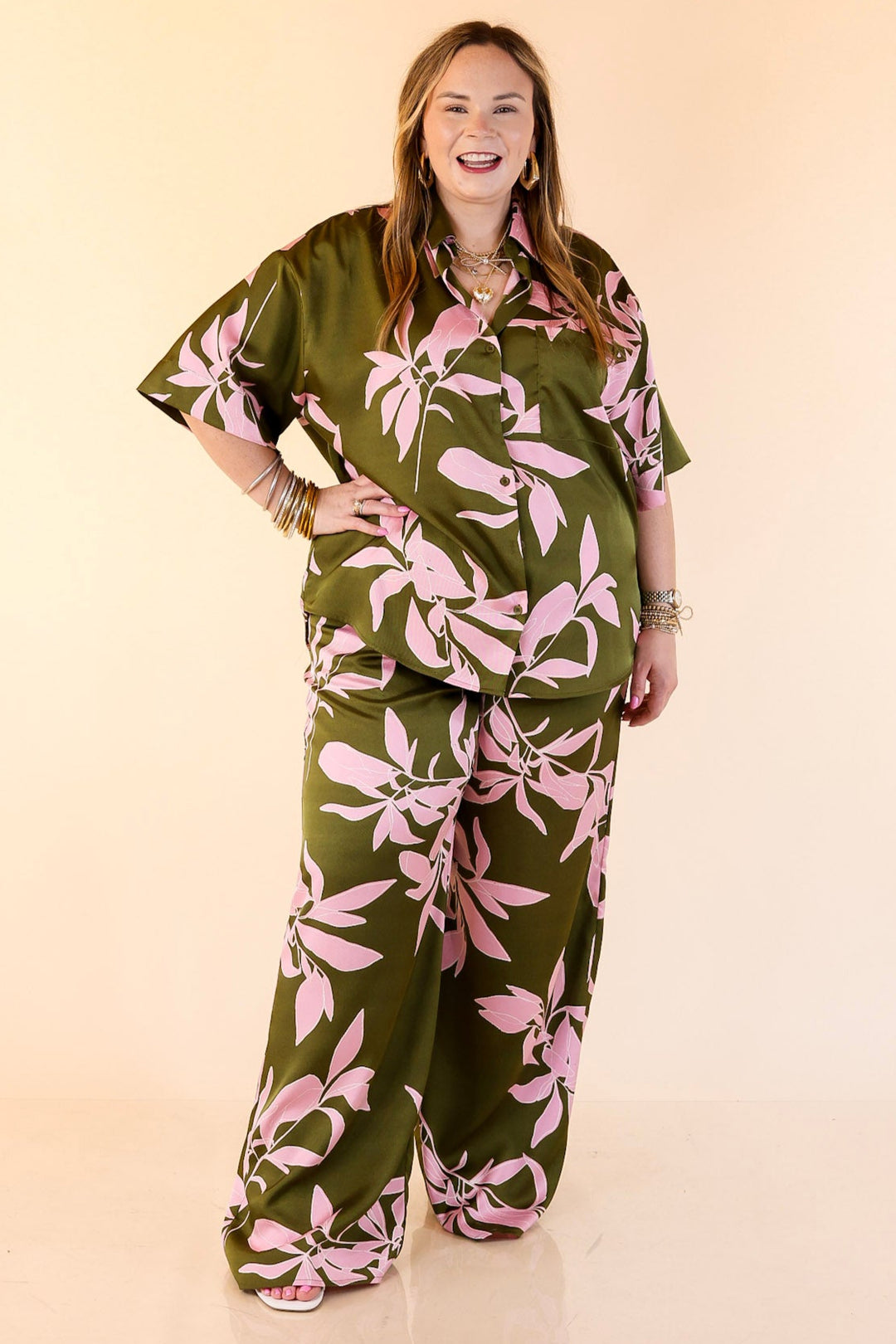 Calm and Collected Drawstring Bottoms with Pink Leaves in Olive Green