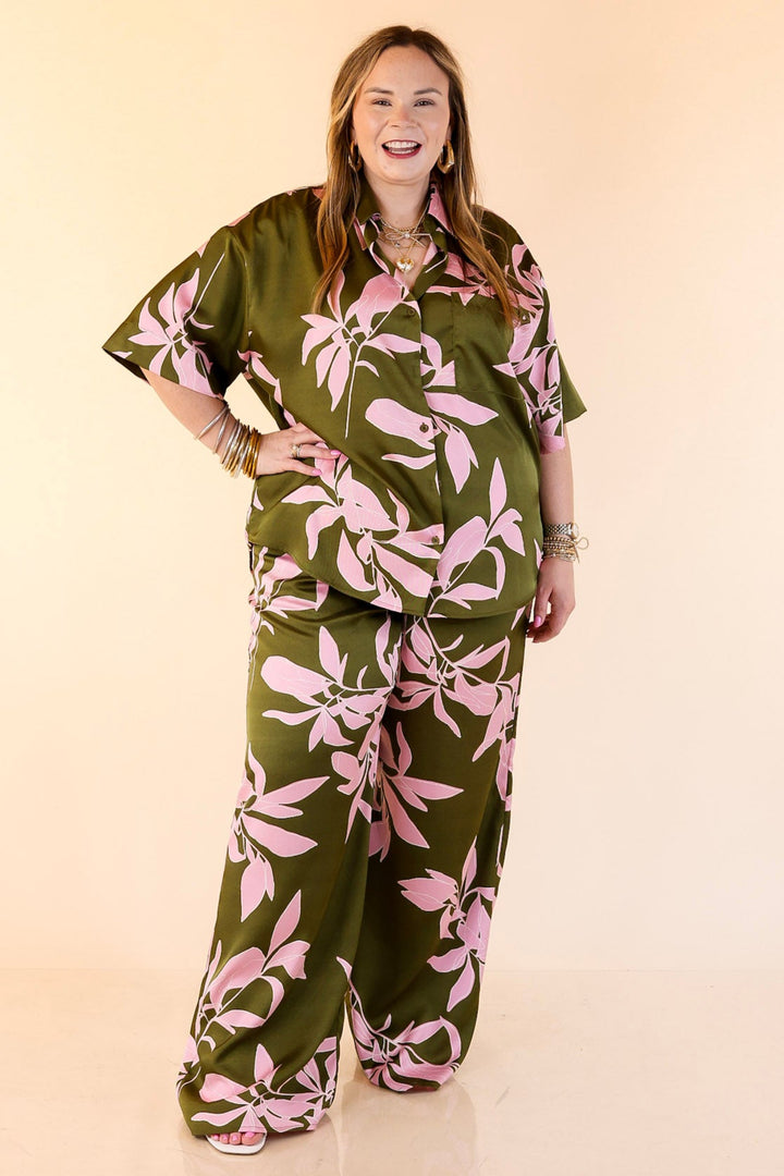 Calm and Collected Button Up Top with Pink Leaves in Olive Green