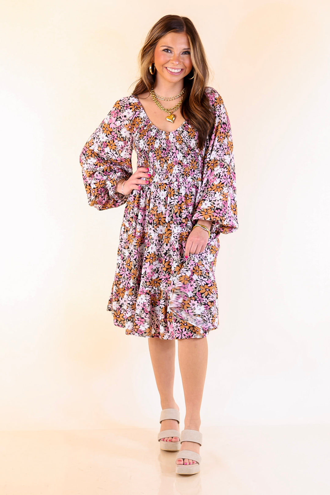 Day Cafe Smocked Bodice Floral Long Sleeve Dress in Light Pink and Rust
