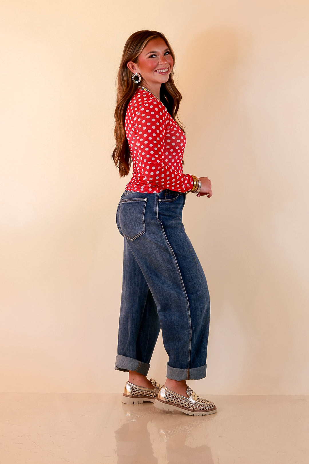 The Essential Layer White Polka Dot Print Sheer Mesh Long Sleeve Top in Hot Pink