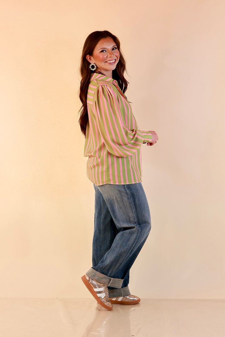 Better Together Stripe Button Up Collared Top with Poofy Sleeves in Olive Green and Pink