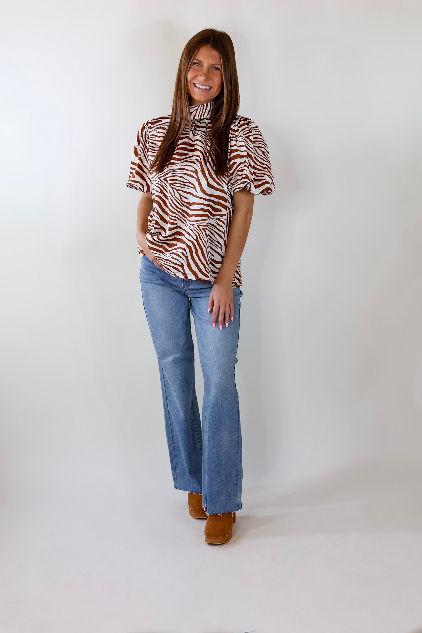 Rival Flair Zebra Print Top with Mock Neck in Ginger and White - Giddy Up Glamour Boutique