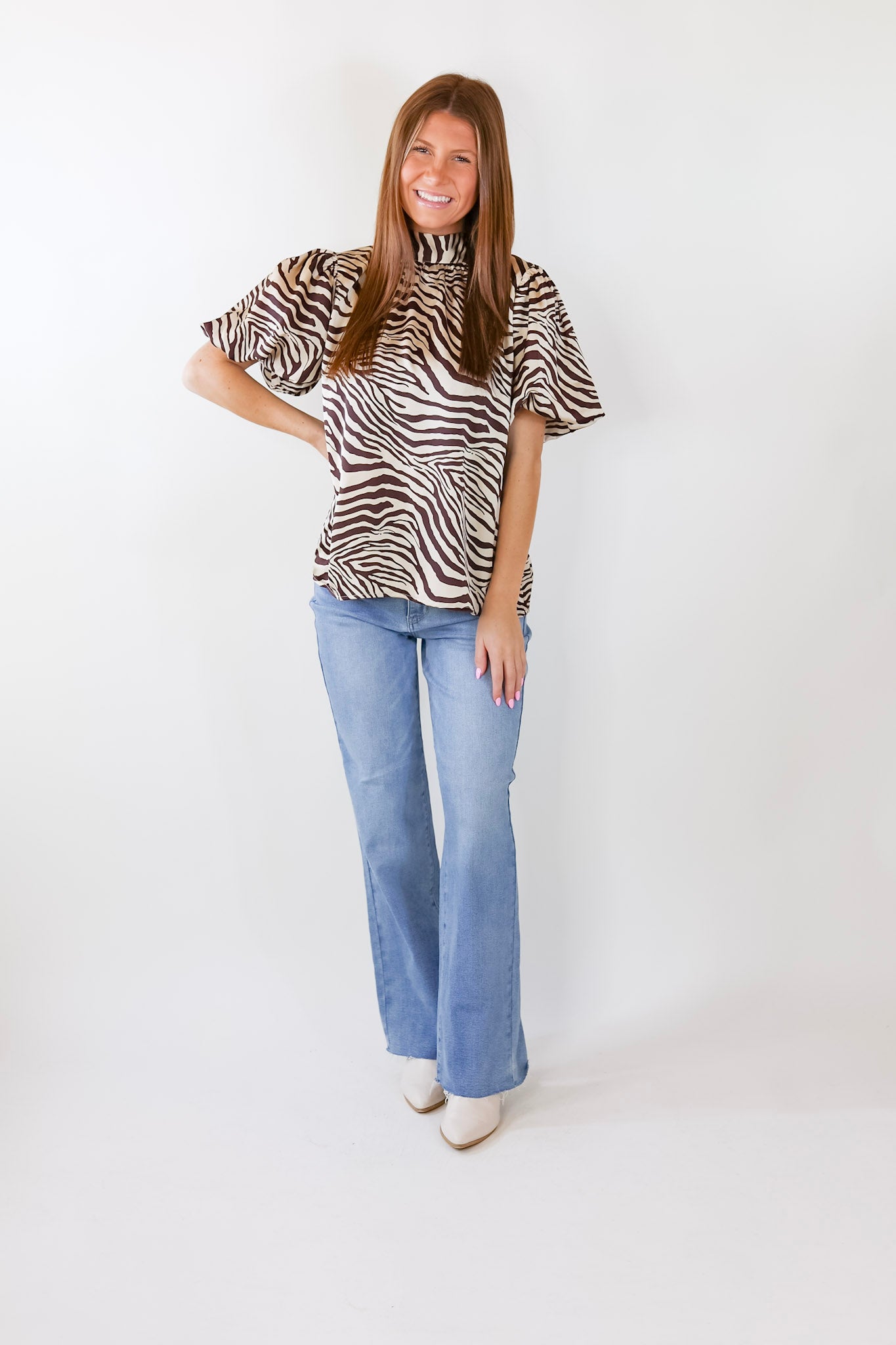 Rival Flair Zebra Print Top with Mock Neck in Chocolate Brown and Cream - Giddy Up Glamour Boutique
