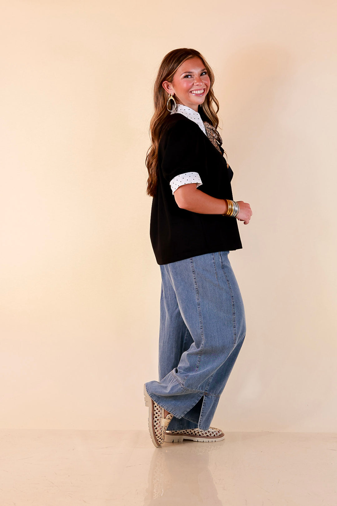 Confidently Yours Contrast Polka Dot Trim Puff Sleeve Top in Black