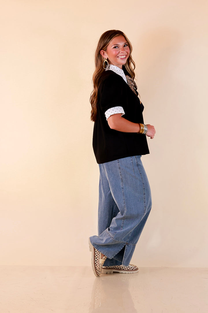 Confidently Yours Contrast Polka Dot Trim Puff Sleeve Top in Black