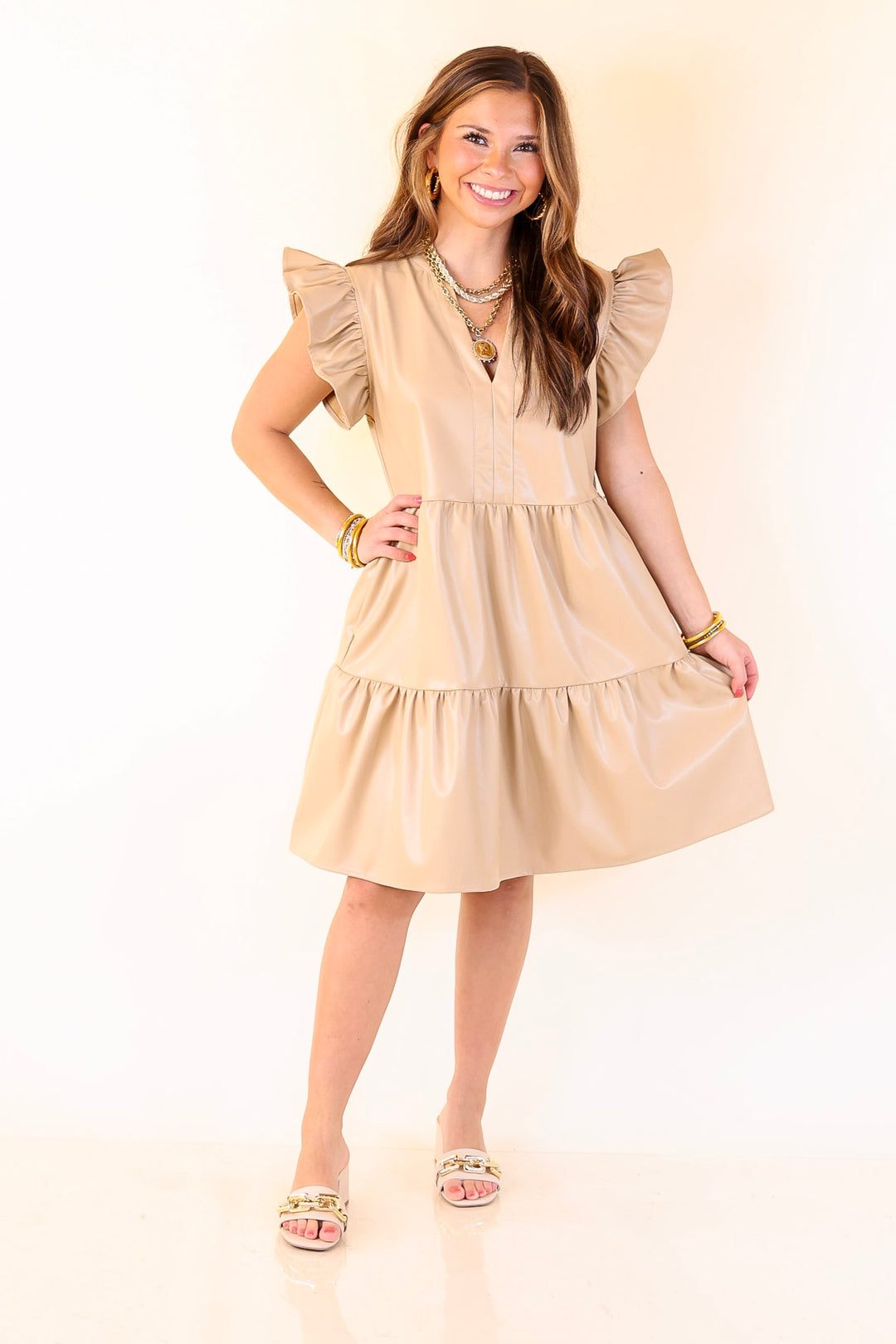 Magnolia Morning Ruffle Cap Sleeve Faux Leather Short Dress in Cream