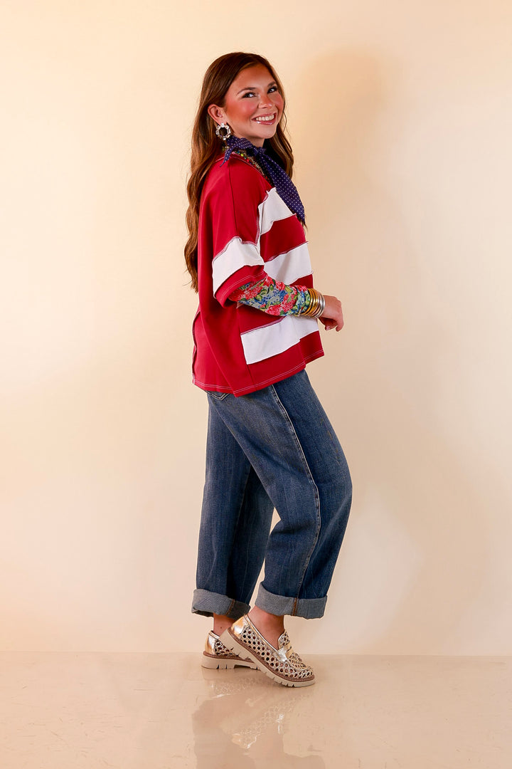 Simply Styled Color Block Rugby Style Relaxed Short Sleeve Top in Magenta Purple
