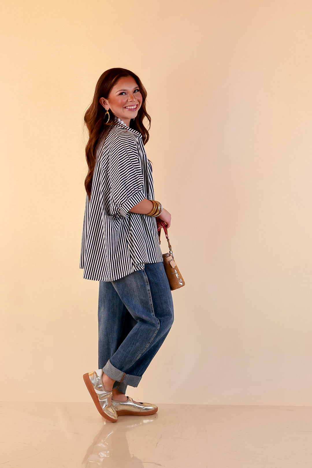 Perfectly Aligned Button Down Collared Top with Vertical Ivory Stripe Detail in Navy Blue