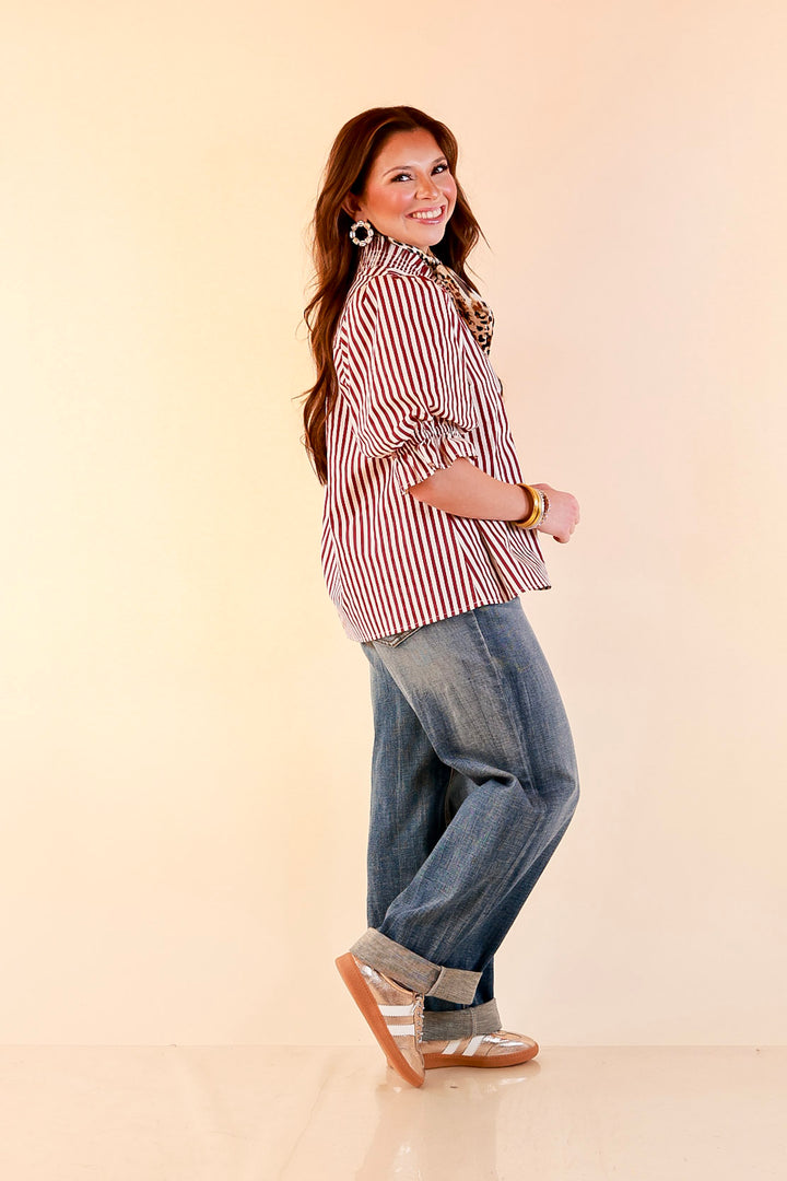 Made You Look Striped Ruffle Front and Sleeve Detailing with Puff Sleeves Blouse in Maroon and Ivory