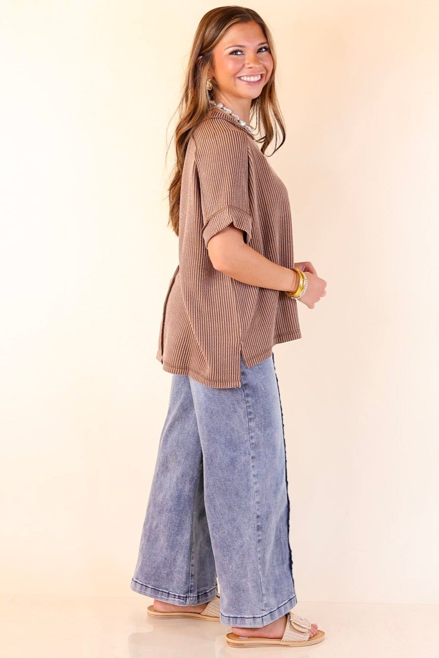 Daily Perfection Scoop Neck Short Sleeve Ribbed Top in Brown