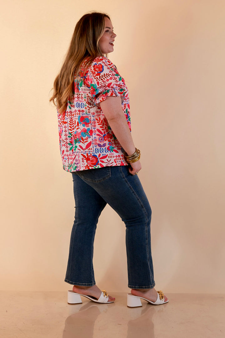 Blooming Grace Floral Print Top with Split Neckline and Puff Sleeves in Blush Mix