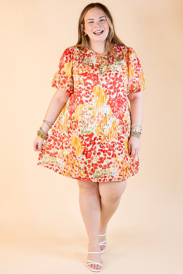 Simply Radiant Mix Floral Print Dress with Short Sleeves in Red and Yellow Mix