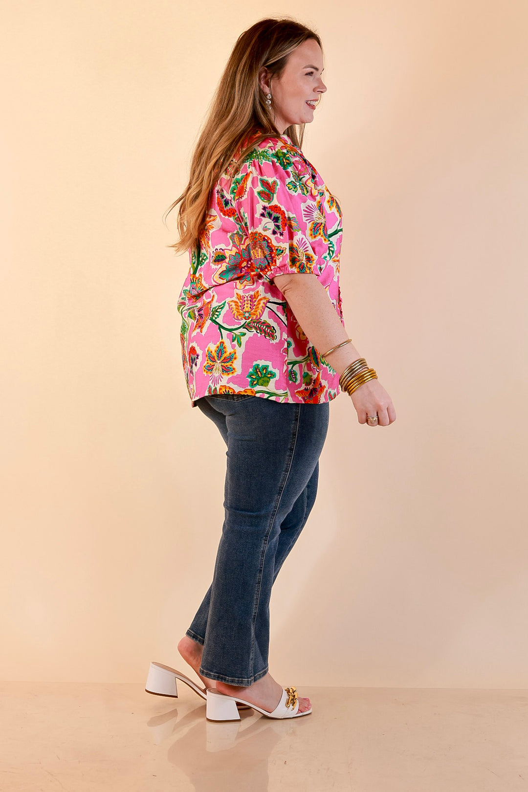 Petal Pop Floral Print Ruffle Front Button Up Top with Puff Sleeves in Pink