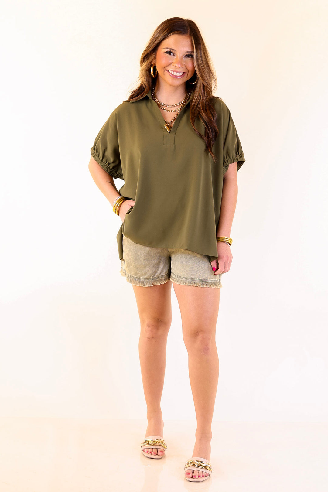 Fresh Start Collared V-Neck Blouse With Drop Shoulder in Olive Green