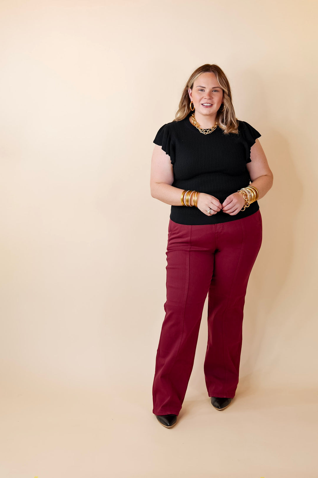 Coffee Date Knit Top With Ruffled Sleeves in Black - Giddy Up Glamour Boutique