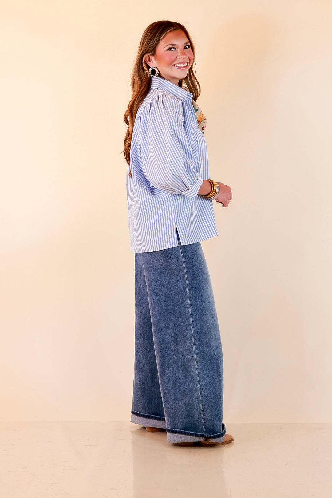Crisp and Collected Stripe Button Front Collared Top with Puff Short Sleeves in Blue and White