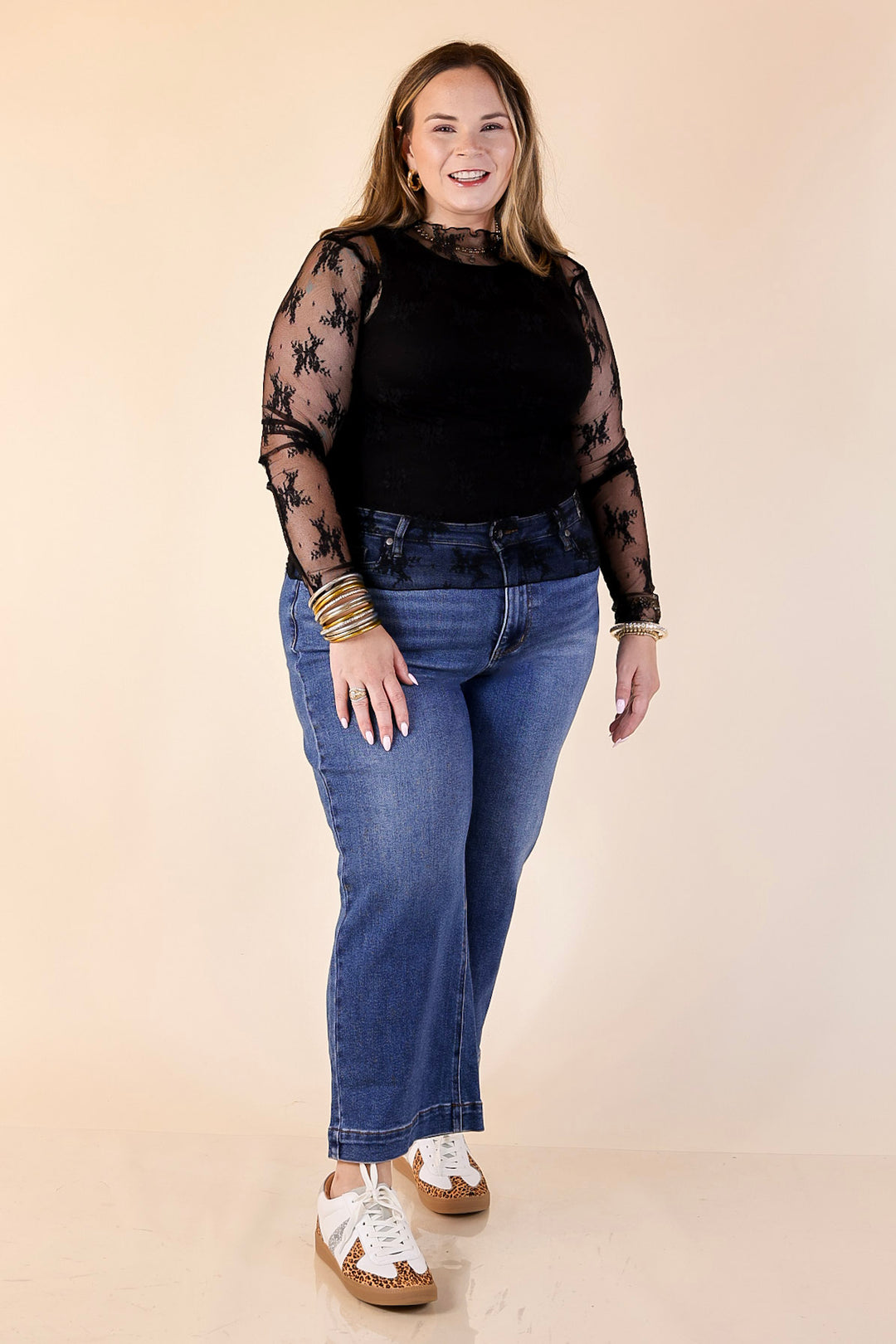 Daringly Delicate Sheer Mock Neck Long Sleeve Lace Top in Black