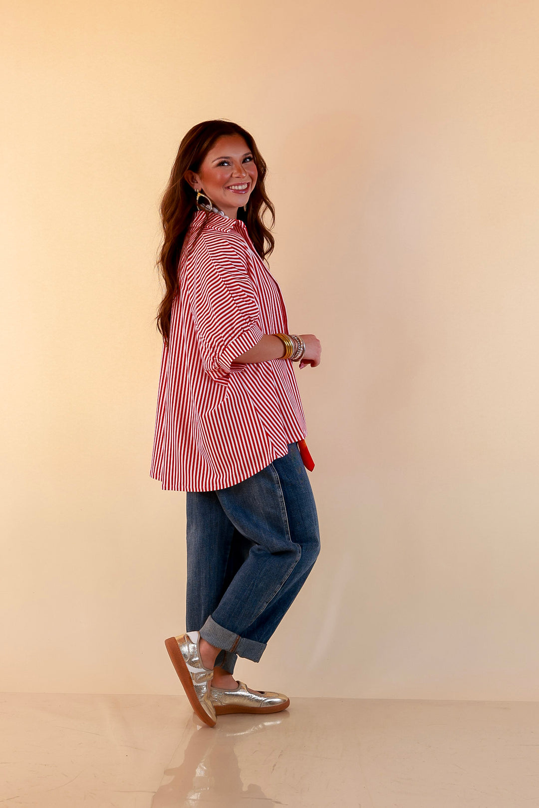 Perfectly Aligned Button Down Collared Top with Vertical Ivory Stripe Detail in Red