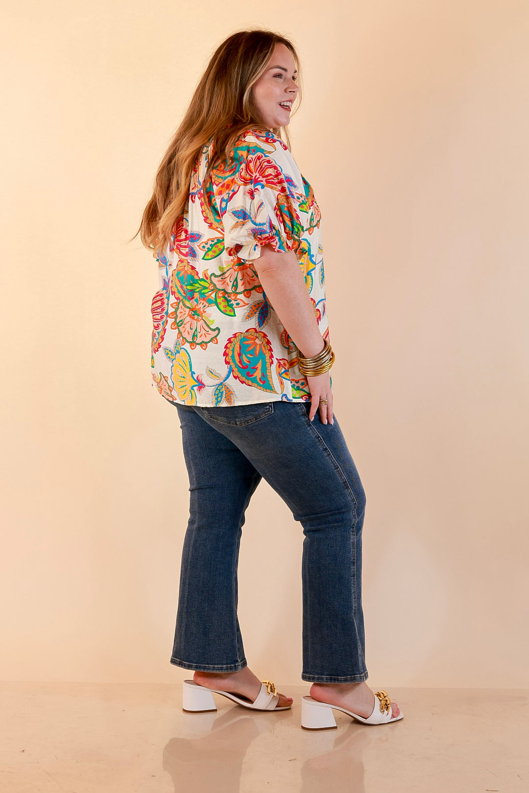 Bold Escape Floral Print Lace Front Top with Collar and Puff Sleeves in Cream Mix