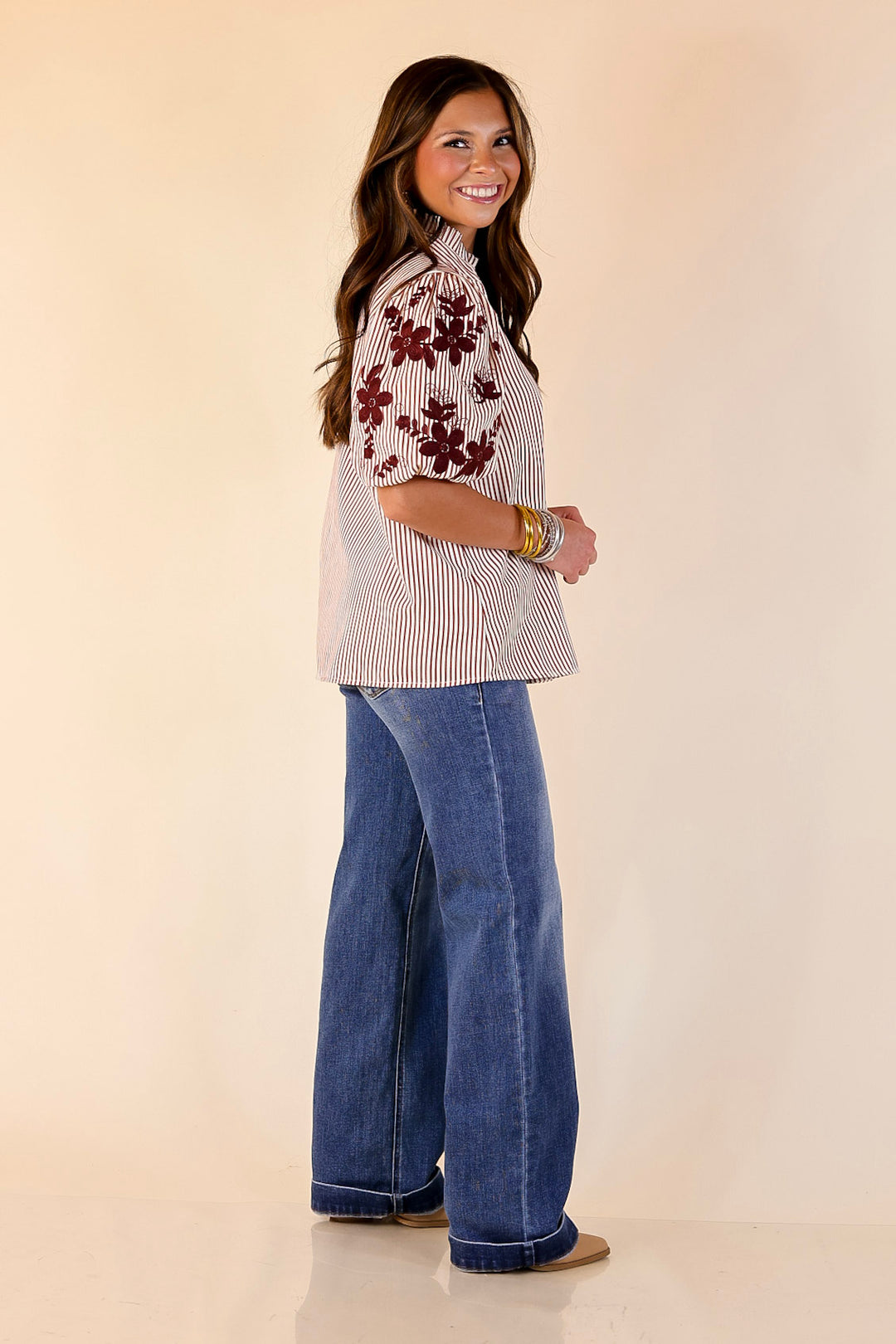 Sweet Intentions Button Down Striped Top with Puff Embroidered Sleeves in Maroon