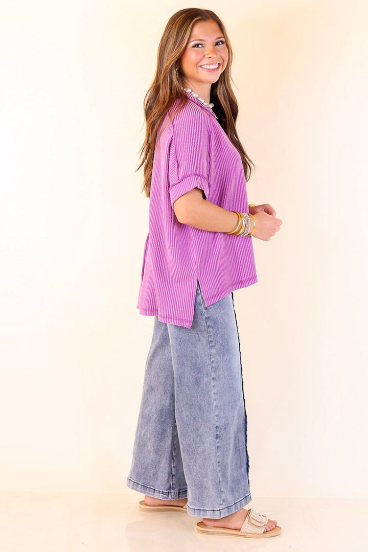 Daily Perfection Scoop Neck Short Sleeve Ribbed Top in Purple
