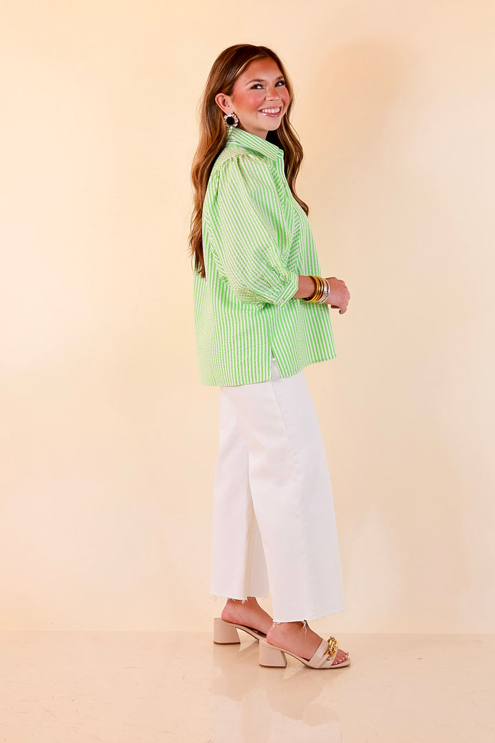 Crisp and Collected Stripe Button Front Collared Top with Puff Short Sleeves in Lime Green and White