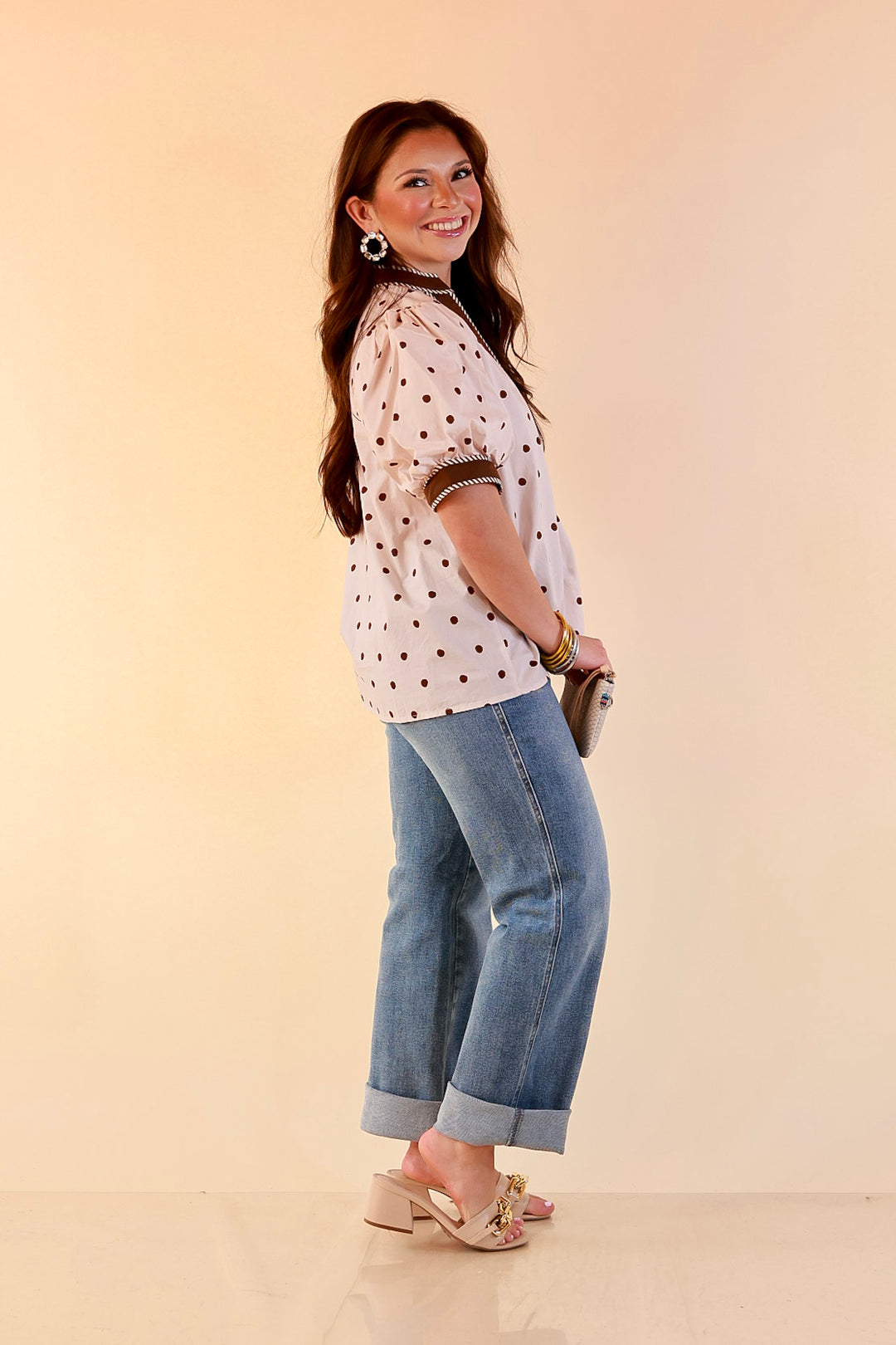 Pop of Polish Short Puff Sleeve Button Front Polka Dot Print Top with Contrast Trim in Ivory and Chocolate Brown